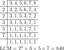 \begin{array}{l|l} \cline { 2-2 } 2 & 3,4,5,6,7,8 \\ \hline 2 & 3,2,5,6,7,4 \\ \hline 2 & 3,1,5,3,7,2 \\ \hline 3 & 3,1,5,3,7,1 \\ \hline 5 & 1,1,5,1,7,1 \\ \hline 7 & 1,1,1,1,7,1 \\ \hline & 1,1,1,1,1,1 \end{array} \\ \text{LCM}=2^3 \times 3 \times 5 \times 7=840