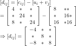 \left[d_{i j}\right] =\left[c_{i j}\right]-\left[u_i+v_j\right] \\ =\left[\begin{array}{lll} 4 & * & * \\ * & 24 & * \\ 8 & * & 24 \end{array}\right]-\left[\begin{array}{ll} 8 & * * \\ * & 16 * \\ 16 & * 16\end{array}\right] \\ \Rightarrow\left[d_{i j}\right]=\left[\begin{array}{ccc} -4 & * & * \\ * & 8 & * \\ -8 & * & 8 \end{array}\right]